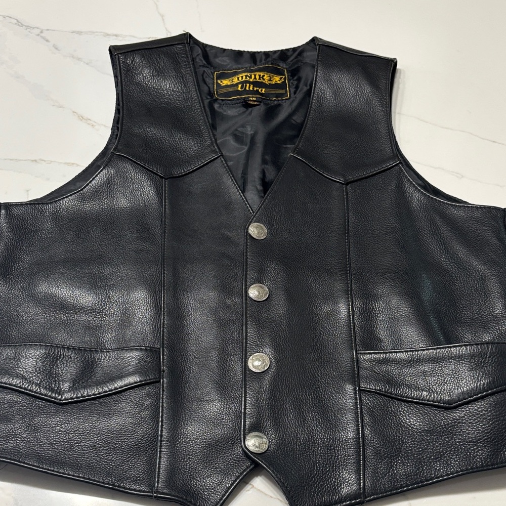 Unik Black Leather Vest with Silver Buttons